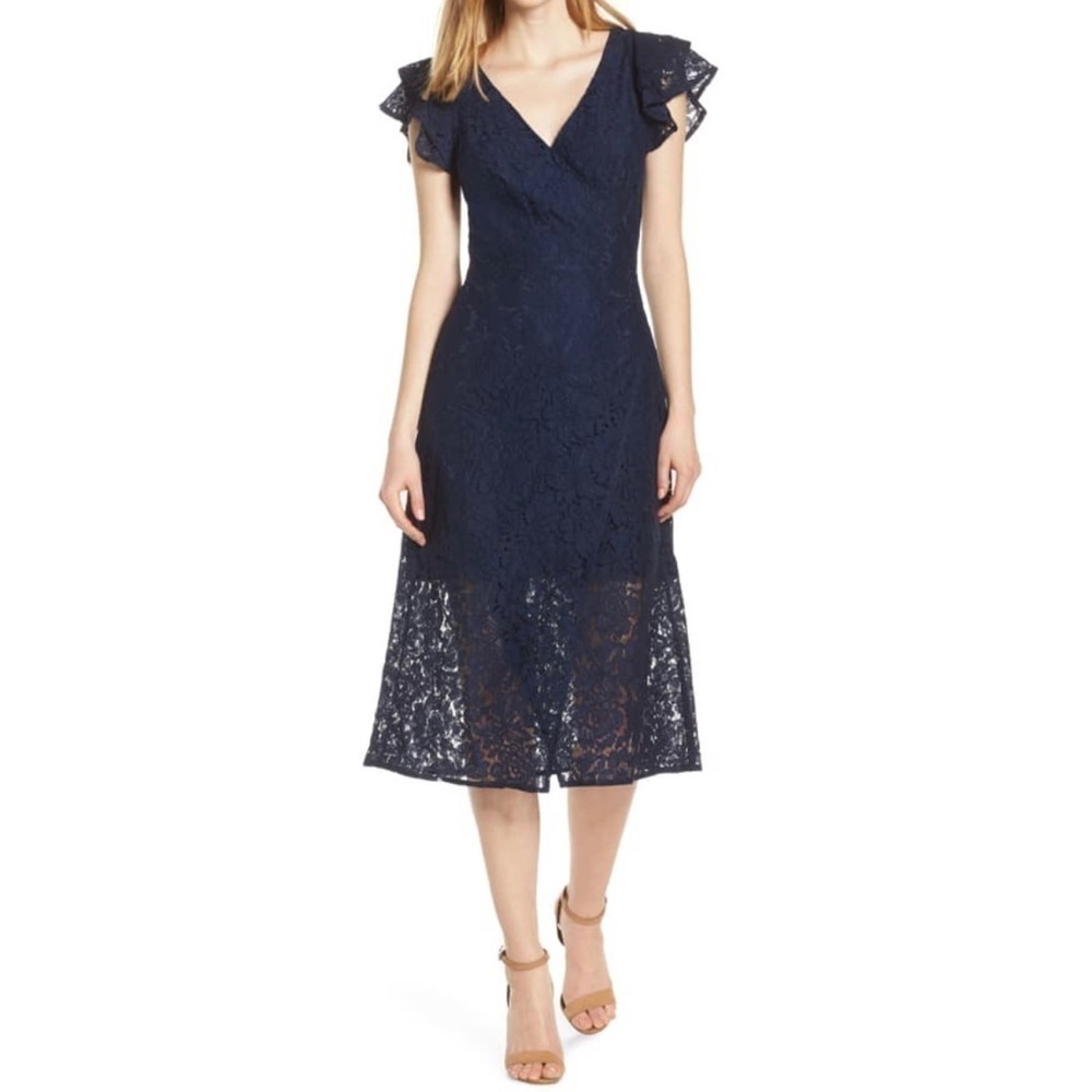 ALI & JAY Dress XS Lace and Paper Flowers Wrap Midi Ruffle Sleeve Navy Blue